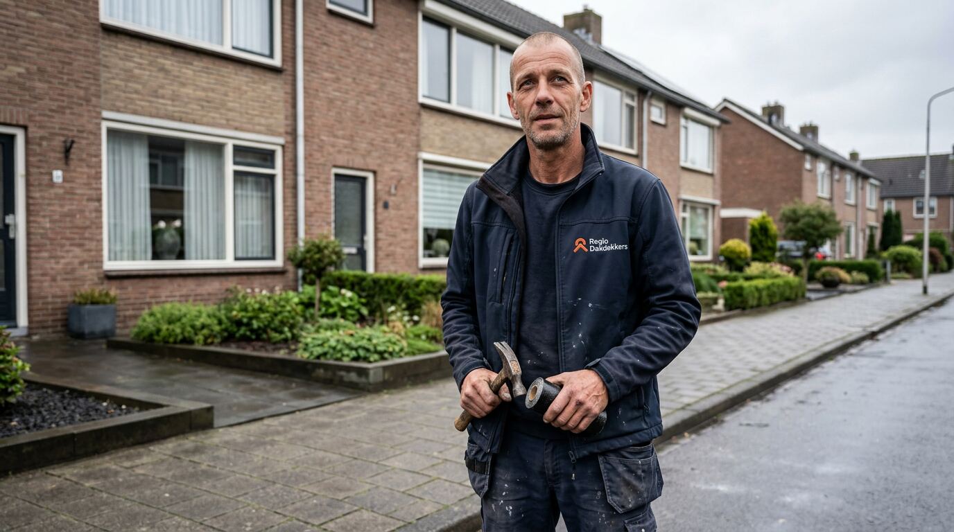 Dakdekker met hamer en rol dakbedekking klaar voor een dakrenovatie in de wijk