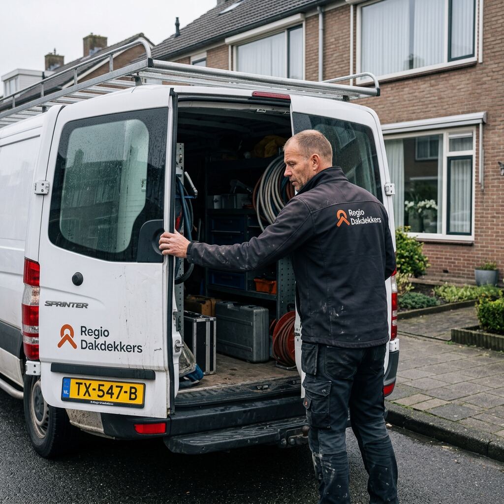 Dakdekker opent de achterzijde van een servicebus om materiaal voor een lekkage te pakken