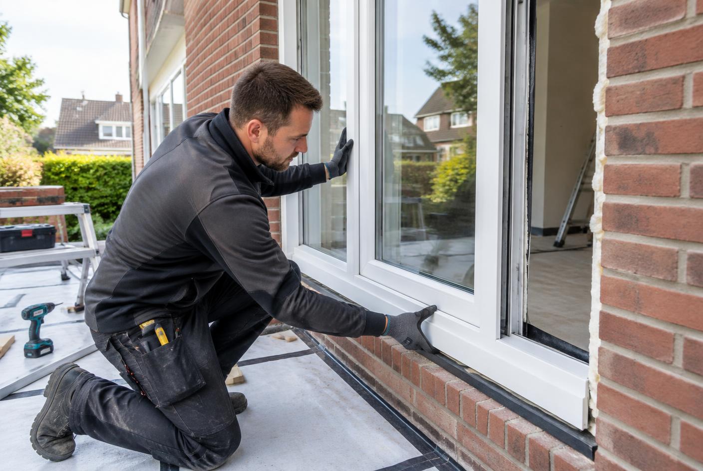 Vakman monteert een wit kunststof kozijn in een bakstenen woning